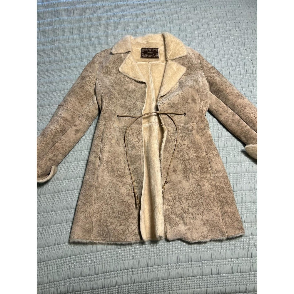 VTG Guess Tan Suede Leather Coat W/faux Fur Lining Adjustable Belt Y2K Size M
